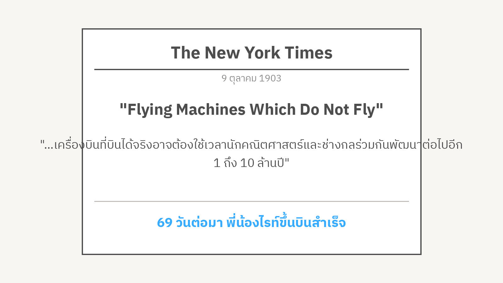 การ์ดจำลองหน้าหนังสือพิมพ์ The New York Times วันที่ 9 ตุลาคม 1903 พาดหัว "Flying Machines Which Do Not Fly" ระบุว่าเครื่องบินอาจต้องใช้เวลาอีก 1 ถึง 10 ล้านปี และ 69 วันต่อมาพี่น้องไรท์ก็บินสำเร็จ